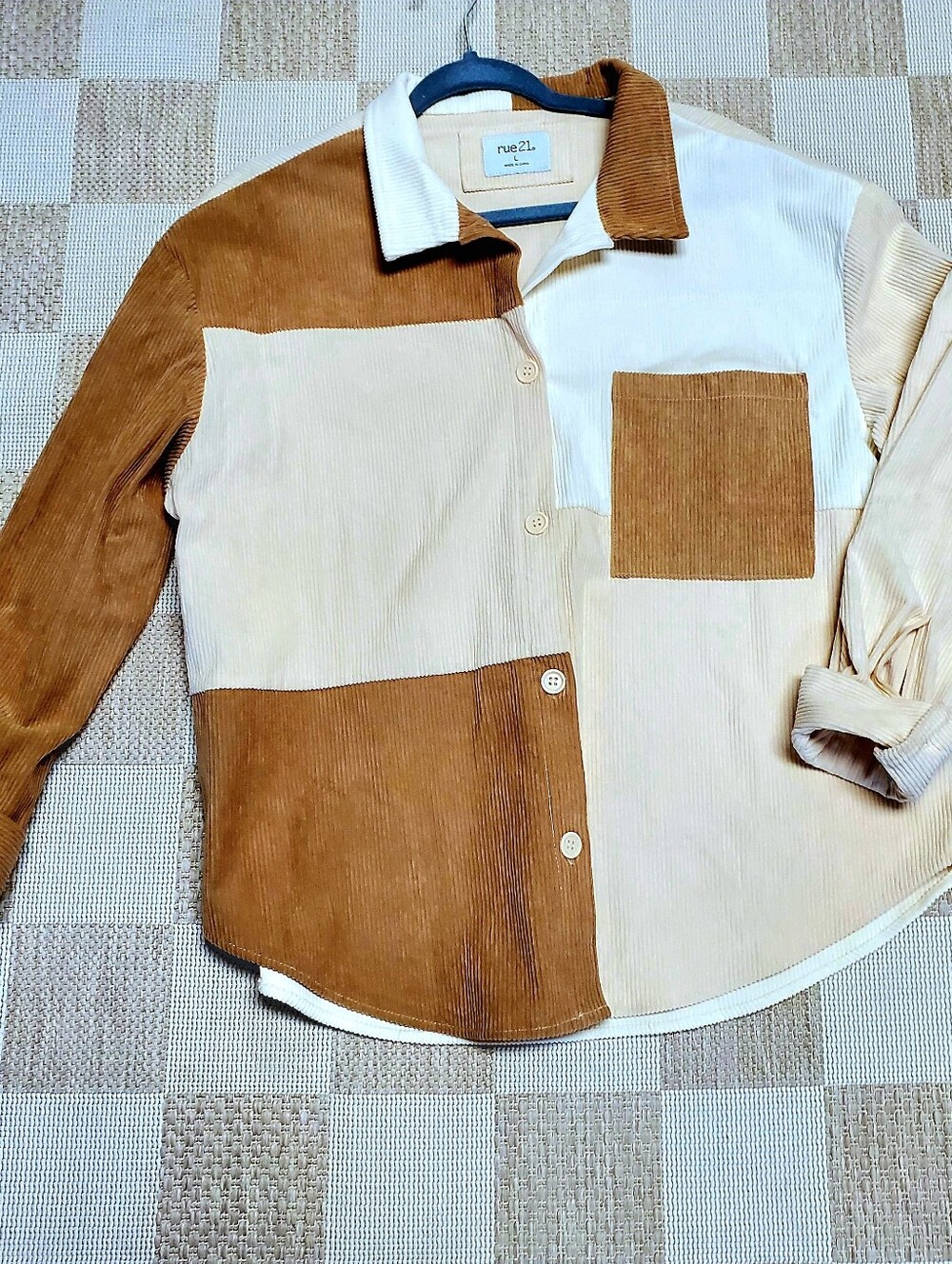 Unisex Patchwork Corduroy Button-Down Shirt/ Jacket in Brown & Cream By Rue21